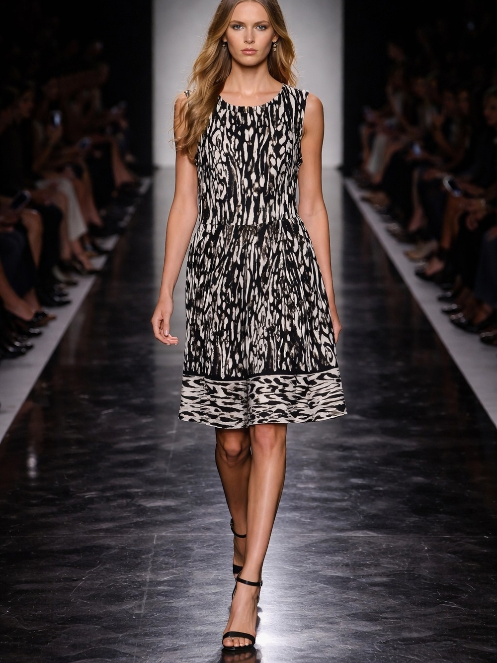 Ellen Tracy Black & Cream Printed Sleeveless Midi Dress